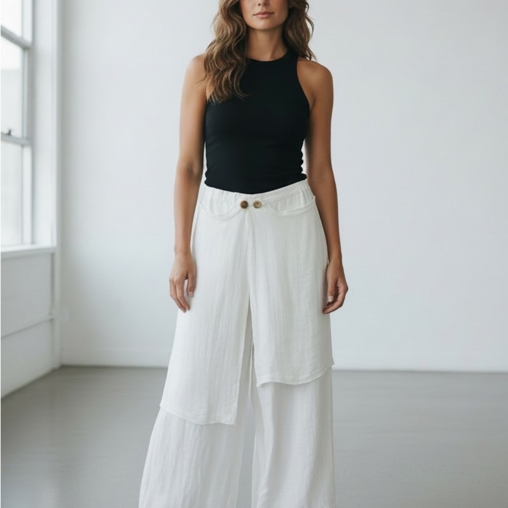 $280 Shirin Guild White Layered Wide-Leg Linen Pants Med